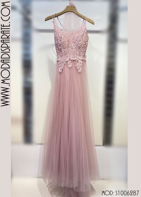 VESTIDO LARGO CUERPO PEDRERIA ESPALA ABIERTA FALDA TULL