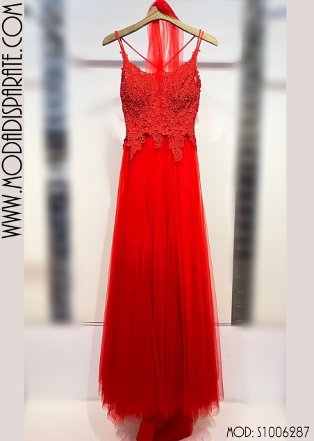 VESTIDO LARGO CUERPO PEDRERIA ESPALA ABIERTA FALDA TULL