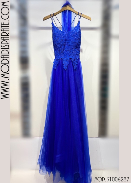 VESTIDO LARGO CUERPO PEDRERIA ESPALA ABIERTA FALDA TULL