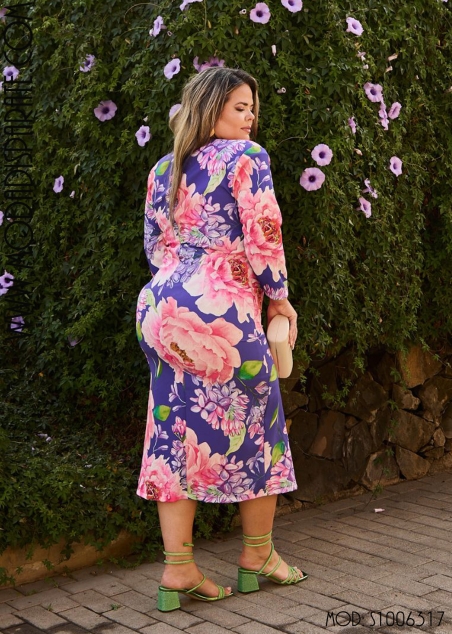VESTIDO MIDI ESTAMPADO ESCOTE PICO TUL ADORNO LOR