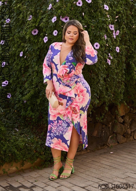 VESTIDO MIDI ESTAMPADO ESCOTE PICO TUL ADORNO LOR