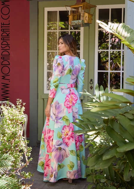 VESTIDO LARGO ESTAMPADO FALDA VUELO ESCOTE CRUZADO