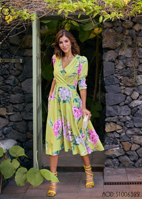 VESTIDO MIDI ESTAMPADO VUELO ESC. CRUZADO MANGA CODO