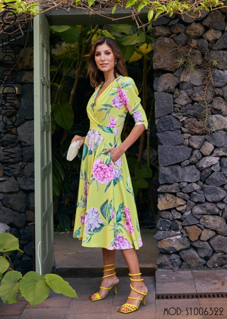 VESTIDO MIDI ESTAMPADO VUELO ESC. CRUZADO MANGA CODO