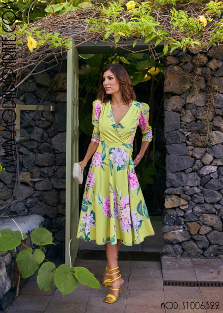 VESTIDO MIDI ESTAMPADO VUELO ESC. CRUZADO MANGA CODO