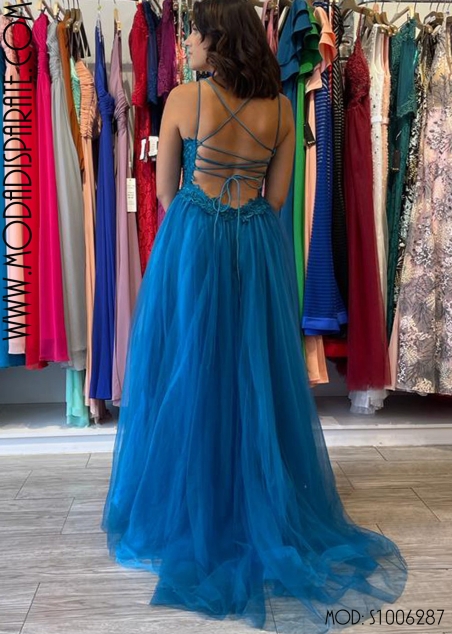 VESTIDO LARGO CUERPO PEDRERIA ESPALA ABIERTA FALDA TULL