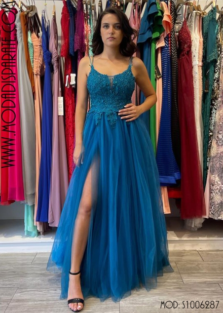 VESTIDO LARGO CUERPO PEDRERIA ESPALA ABIERTA FALDA TULL