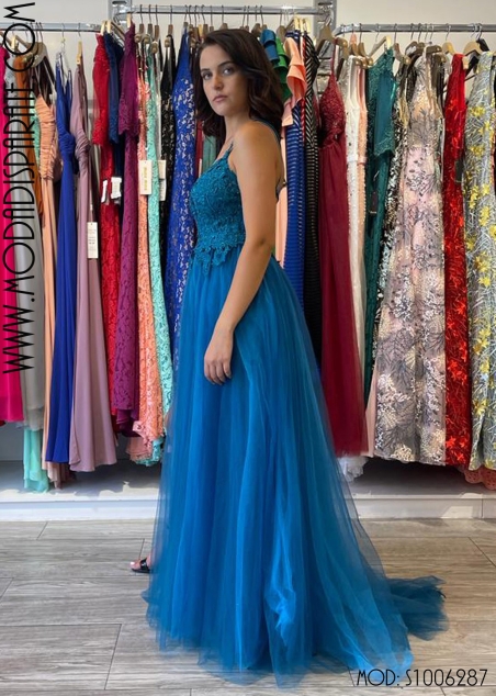VESTIDO LARGO CUERPO PEDRERIA ESPALA ABIERTA FALDA TULL