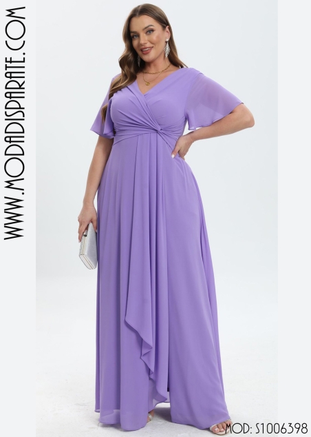 VESTIDO M/ CORTA LARGO NUDO PECHO FALDA VOLANTE