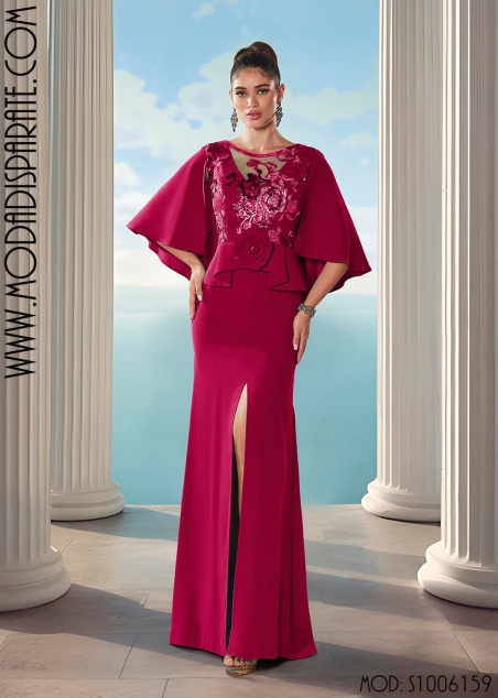 VESTIDO MADRINA LARGO CUERPO LENTEJUELAS CAPA CREP