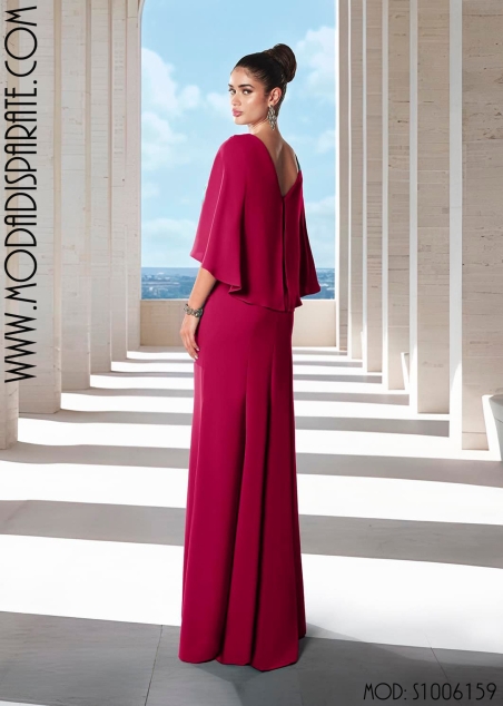 VESTIDO MADRINA LARGO CUERPO LENTEJUELAS CAPA CREP