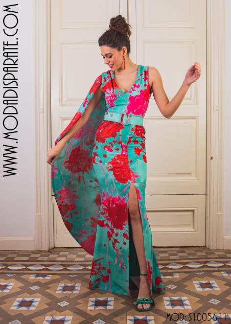 VESTIDO"LEEDS" LARGO ESTAMPADO SIN MANGAS CON CAPA Y CINTURO