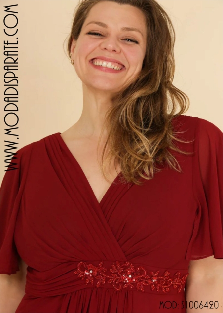 VESTIDO CORTO PEDRERIA CINT. M/C GASA