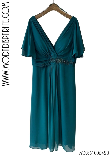 VESTIDO CORTO PEDRERIA CINT. M/C GASA