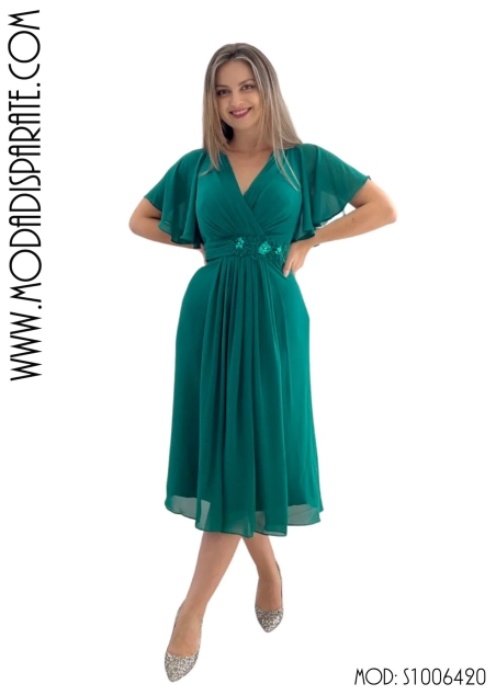 VESTIDO CORTO PEDRERIA CINT. M/C GASA