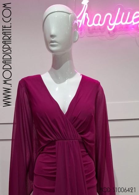 VESTIDO CORTO GASA MANGA FRANCESA DRAPEADO FALDA
