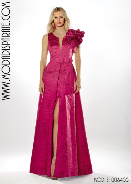 VESTIDO FIESTA LARGO JAQUARD VOLANTE HOMBRO Y FLOR