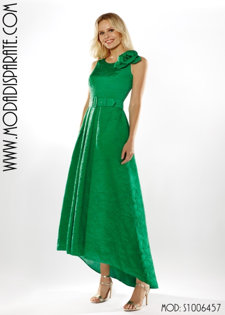 VESTIDO FIESTA MIDI JACQUARD ASIMETRICO ADORNO FLOR