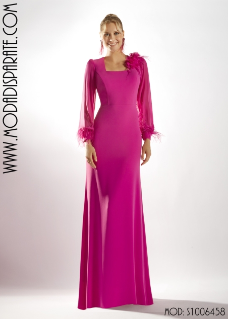 VESTIDO FIESTA  LARGO CREPP CON SOBREFALDA MANGA GASA