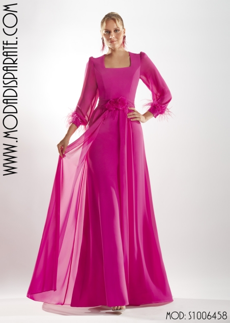 VESTIDO FIESTA  LARGO CREPP CON SOBREFALDA MANGA GASA