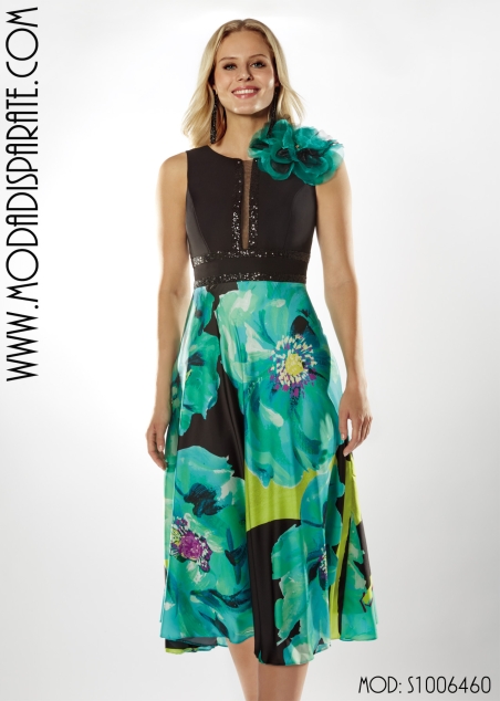 VESTIDO FIESTA CORTO FALDA ESTAMPADA TABLAS CUEPO  LISO CON