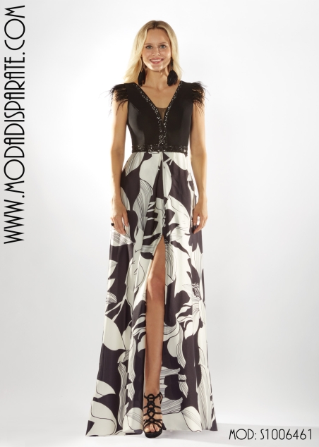 VESTIDO FIESTA LARGO CUERPO LENTEJUELAS FALDA ESTAMPADA