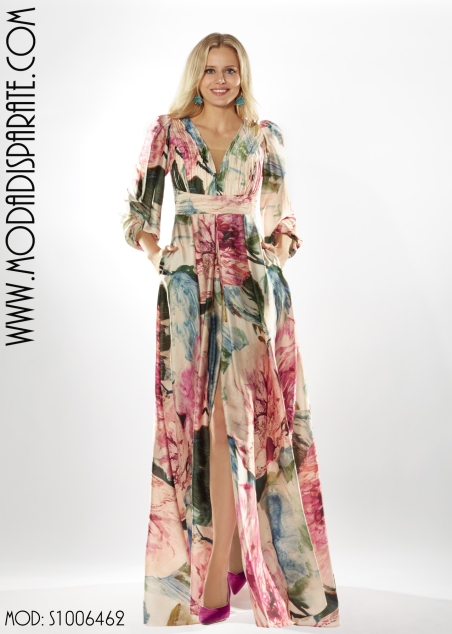 VESTIDO FIESTA LARGO ESTAMPADO CUERPO PLISADO