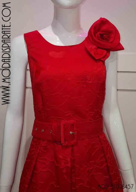 VESTIDO FIESTA MIDI JACQUARD ASIMETRICO ADORNO FLOR