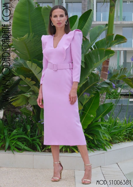 VESTIDO MIDI LAPIZ VOLANTE MANGA CODO