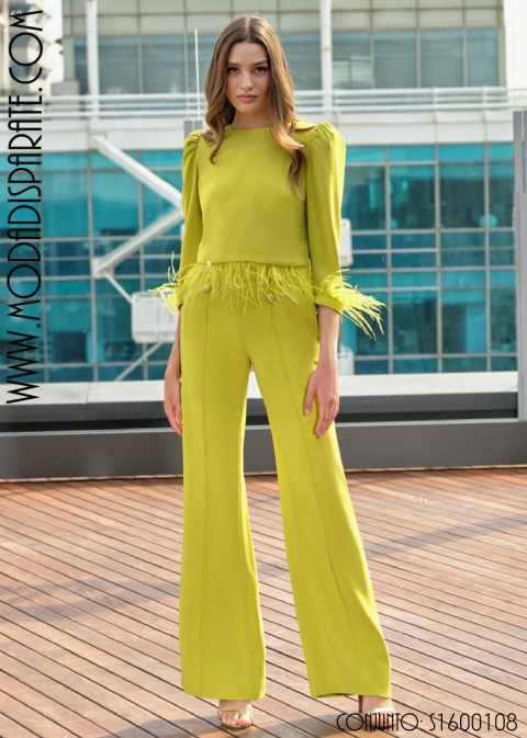 CJTO.FIESTA TOP PLUMAS Y PANTALON CREP