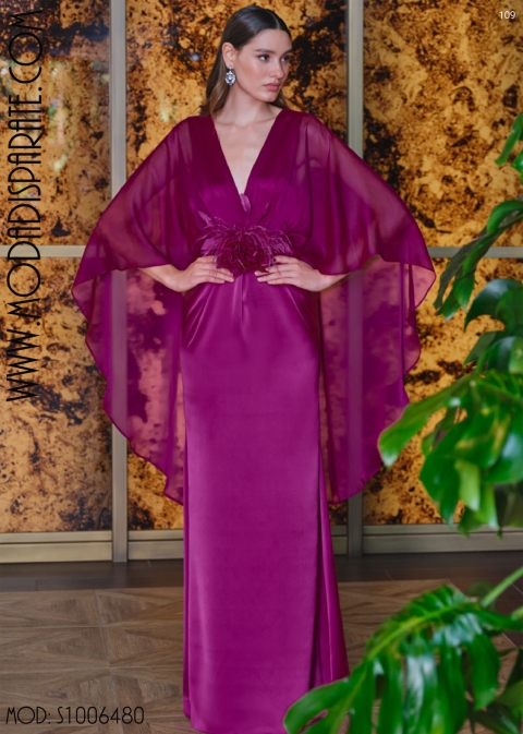 VESTIDO FIESTA LARGO LISO CUERPO CAPA FALDA GASA LISO