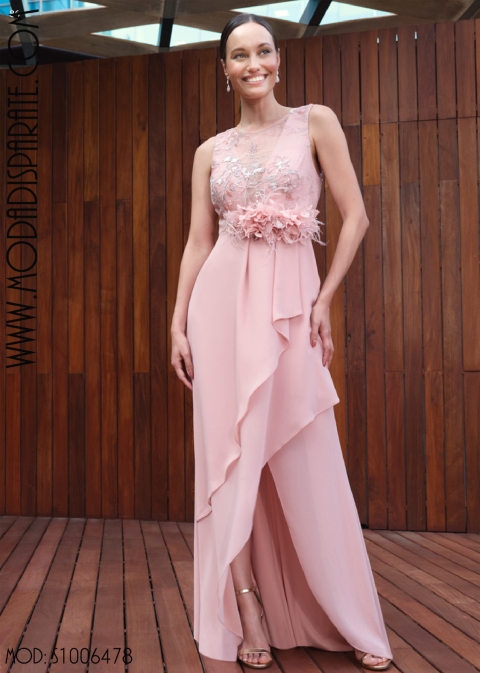 VESTIDO LARGO MADRINA CUERPO TUL BORDADO FALDA GASA