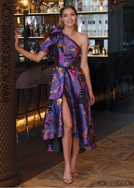 VESTIDO MIDI ASIMETRICO FIESTA JAQUARD LUREX