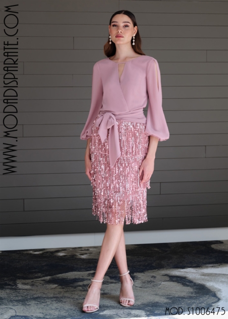 VESTIDO CORTO FIESTA CUERPO GASA FALDA LENTEJUELAS