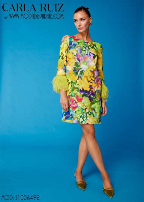 VESTIDO FIESTA CORTO ESTAMPADO MANGA FRANCESA PLUMAS