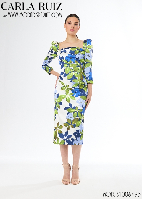 VESTIDO FIESTA MIDI ESTAMPADO MANGA FRANCESA ESCOTE CORAZON