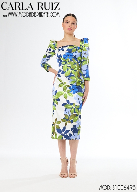 VESTIDO FIESTA MIDI ESTAMPADO MANGA FRANCESA ESCOTE CORAZON