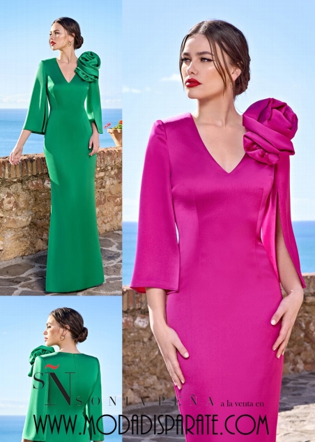 VESTIDO MADRINA LARGO RECTO SIRENA MANGA ABIERTA Y PRENDIDO