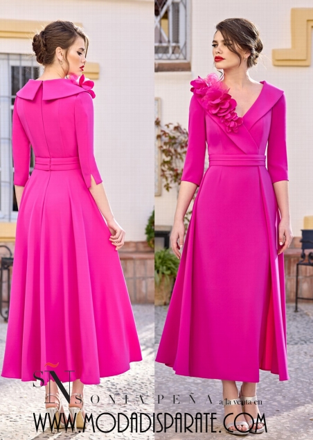 VESTIDO MADRINA MIDI ESCOTE CRUZADO ADORNO  Y SOBREFALDA CIN