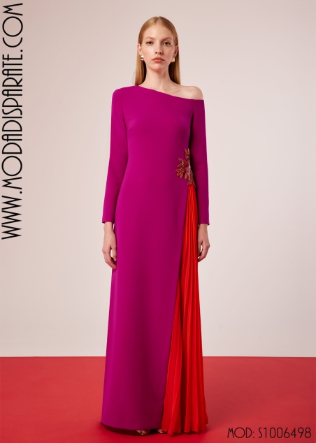 VESTIDO MADRINA LARGO ESCOTE BARCO ASIMETRICO MANGA FRANCESA