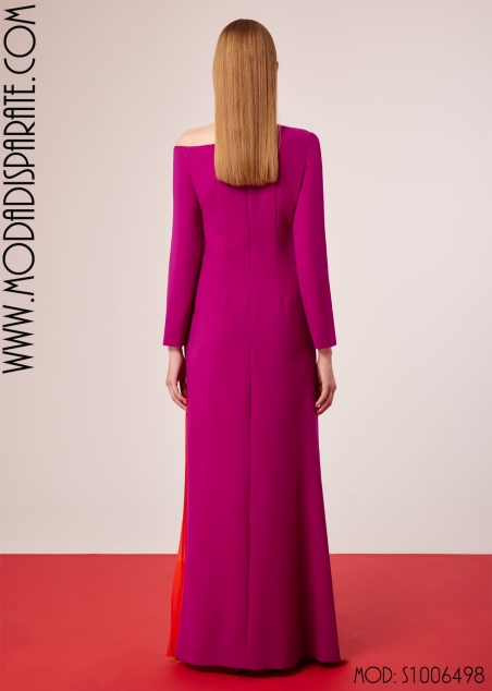 VESTIDO MADRINA LARGO ESCOTE BARCO ASIMETRICO MANGA FRANCESA