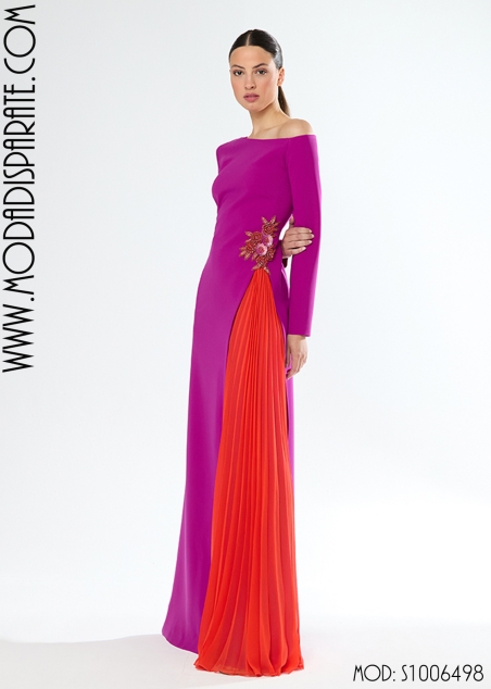 VESTIDO MADRINA LARGO ESCOTE BARCO ASIMETRICO MANGA FRANCESA