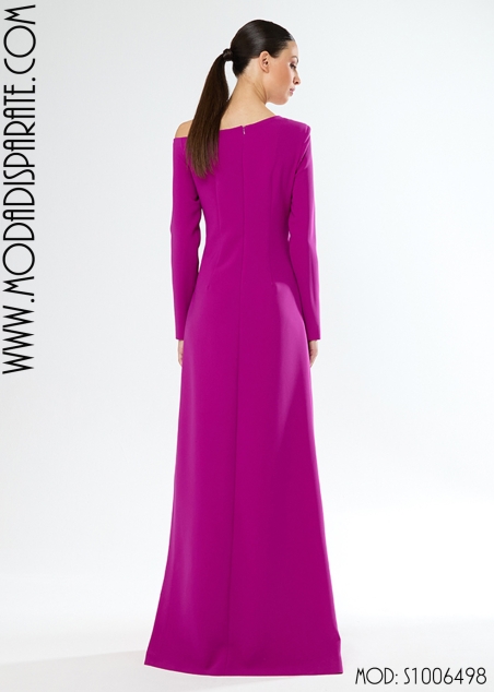 VESTIDO MADRINA LARGO ESCOTE BARCO ASIMETRICO MANGA FRANCESA