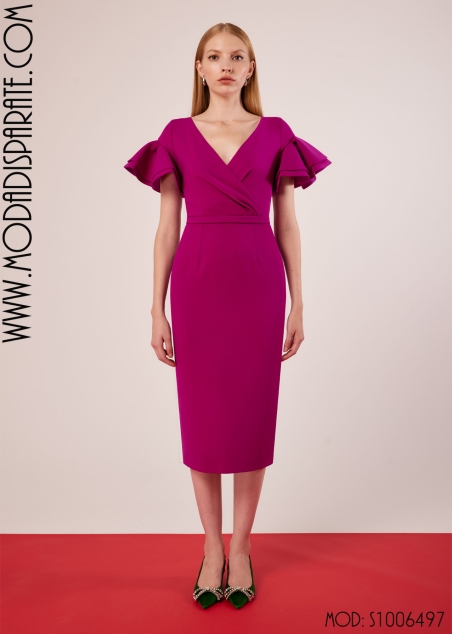 VESTIDO FIESTA MIDI ESCOTE PICO TABLAS Y MANGAS CON VOLANTES