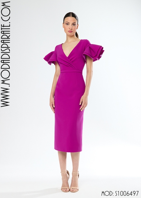 VESTIDO FIESTA MIDI ESCOTE PICO TABLAS Y MANGAS CON VOLANTES