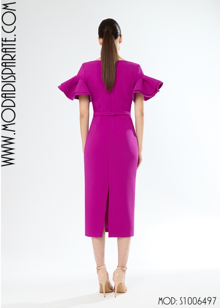 VESTIDO FIESTA MIDI ESCOTE PICO TABLAS Y MANGAS CON VOLANTES