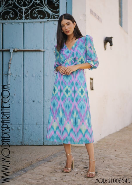 VESTIDO MIDI  ESMERALDA GASA  ESTAMPADO MANGA CODO FRUNCIDO