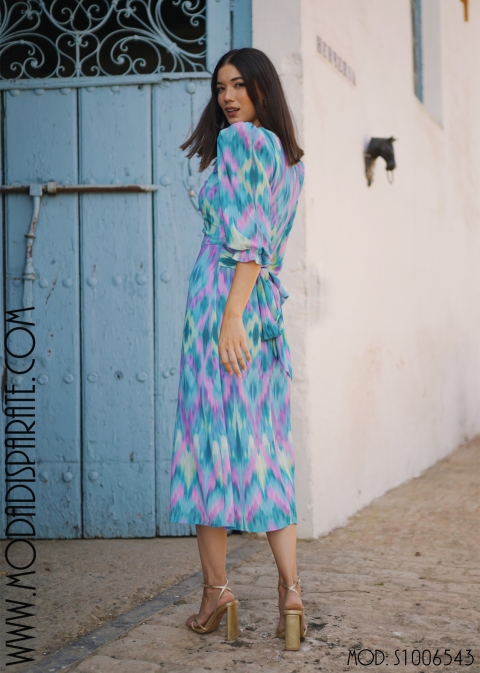 VESTIDO MIDI  ESMERALDA GASA  ESTAMPADO MANGA CODO FRUNCIDO 2