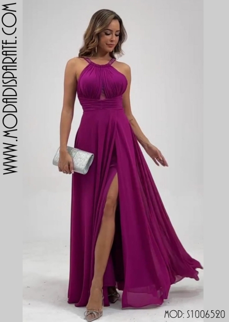 VESTIDO FIESTA GASA CUELLO HALTER PEDRERIA TIRANTES