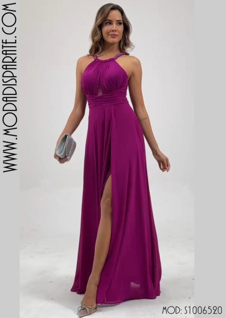 VESTIDO FIESTA GASA CUELLO HALTER PEDRERIA TIRANTES